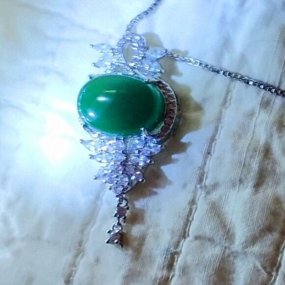 Vintage 925 Sterling Silver Green Gemstone and Crystals 23.5" Necklace - Picture 7 of 9